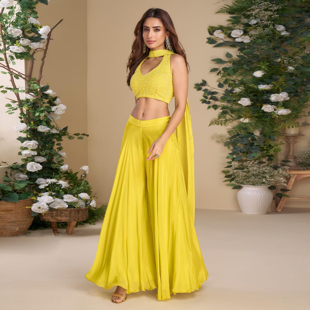 Hand-embroidered Silk Palazzo Co-ord Set: Yellow & Pink Haldi