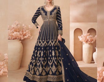 Deep Blue Anarkali Gown: Embroidered Chinon Silk Indian Dress