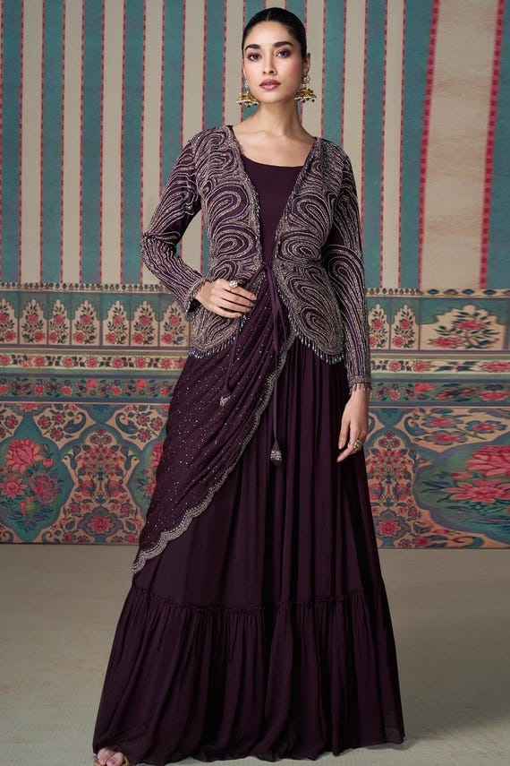 Embroidered Plum Silk Gown: Jacket Style with Tassels