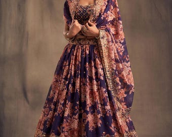 Lavender Organza Lehenga Choli: Floral Embroidered Indian Fusion Dress
