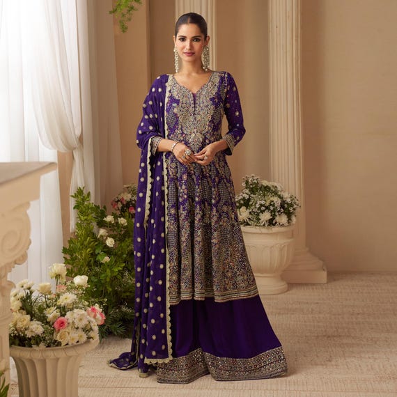 purple and gold indian dress Regal Embroidered Georgette Kurta Palazzo Set Assembly:Fully Assembled