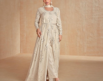 Off-White Hand-Embroidered Anarkali Suit with Silk Lehenga & Sheer Chiffon Dupatta | Ethnic Ensemble for Weddings and Festive Events