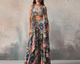 Indo-Western Suit: Multi-Color Khatli Work, Sequins & Embellished Cape