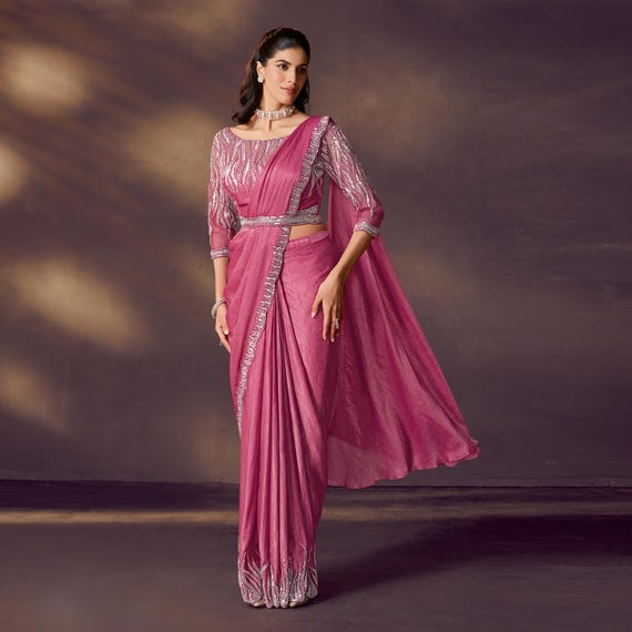 satin saree dress design Bride Ready Saree Designs Ready To Wear Pink Crepe Satin Silk Saree With  Stitched Blouse 24615