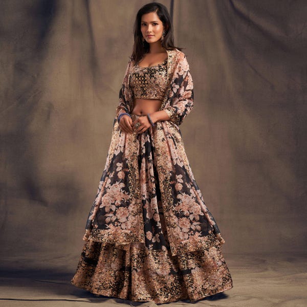 Black Floral Organza Lehenga Choli: Sequin Zari Embroidered Indian Dress