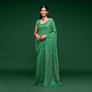 Luxuriöses Mintgrünes Georgette Saree Set | Garn & Pailletten Stickerei | Vorgenähte, gebrauchsfertige | Hochzeitstag Geschenk für Sie