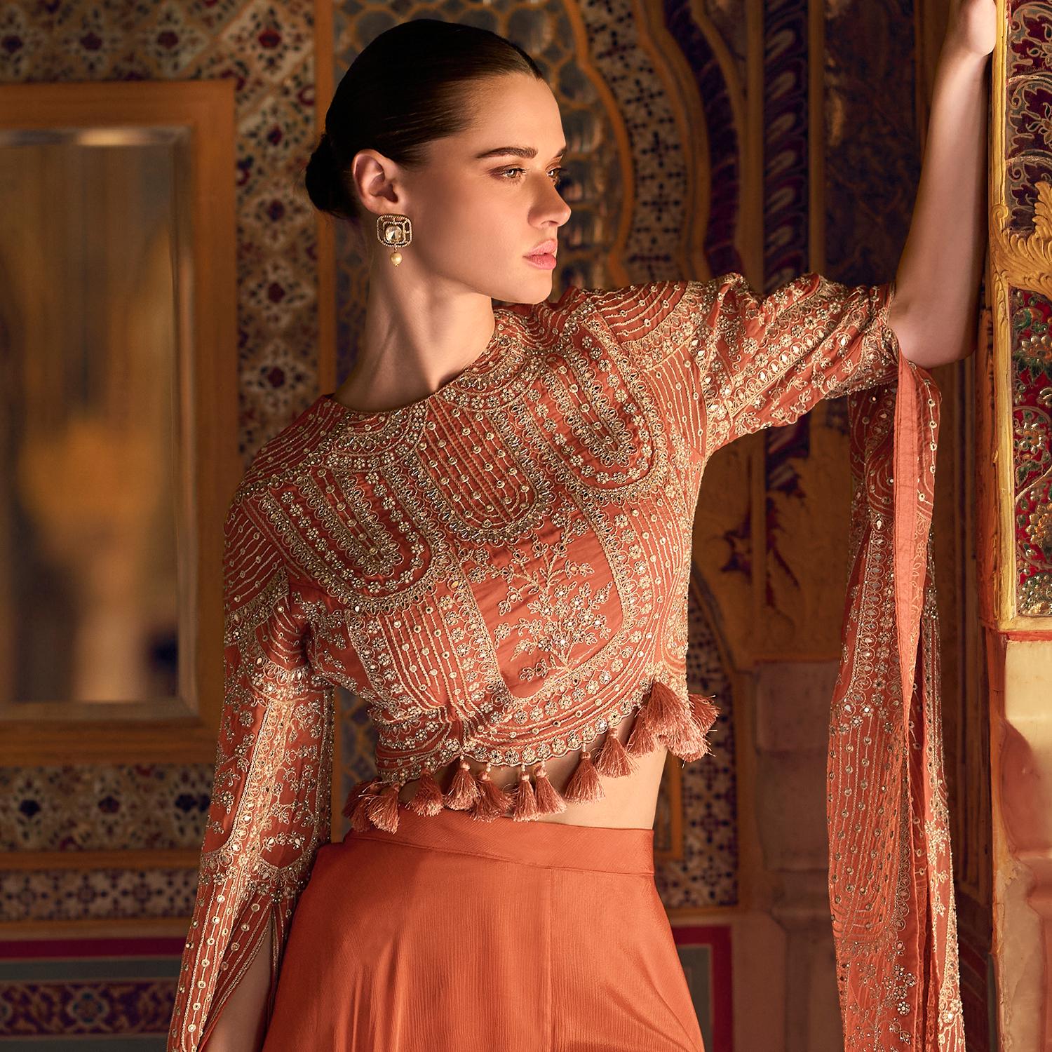 orange indo western dresses Coral Indo Western Dress: Chinon Silk Embroidered Top & Plazzo