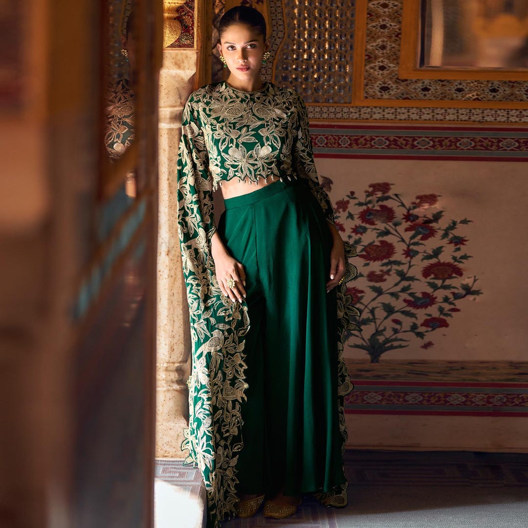 Teal Green Chinon Silk Indo Western Dress: Embroidered Top & Plazzo Teal Green Chinon Silk Indo Western Dress: Embroidered Top & Plazzo