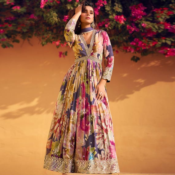 Alia Cut Floral Long Gown, Multi-Color Embroidered Chinon Silk (with dupatta) Alia Cut Floral Long Gown, Multi-Color Embroidered Chinon Silk (with dupatta)