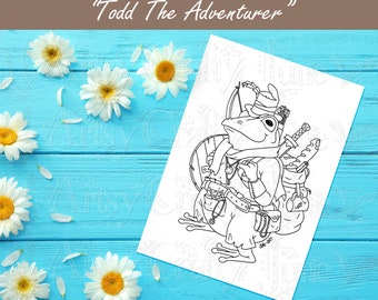 Todd The Adventurer | Colouring Page (instant digital download, jpg + pdf), fantasy, comic, frog, loot, details, illustration, line art