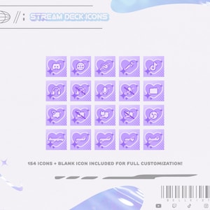 Puede incluir: Un conjunto de iconos morados en forma de corazón con ilustraciones blancas, diseñados para Stream Deck. Los iconos incluyen símbolos de Discord, Internet y notas musicales. El texto "STREAM DECK ICONS" está en la parte superior. El texto "¡154 iconos + icono en blanco incluido para una personalización completa!"