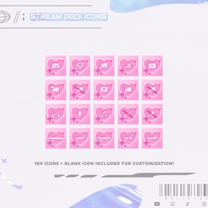 Puede incluir: Iconos rosas para Stream Deck con diseños en forma de corazón. Cada icono presenta un símbolo diferente, como un micrófono, auriculares o una nota musical. El texto "STREAM DECK ICONS" está en la parte superior y el texto "154 ICONS + BLANK ICON INCLUDED FOR CUSTOMIZATION!" en la parte inferior.