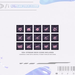Puede incluir: Una cuadrícula de iconos de Stream Deck, cada uno en un cuadrado morado oscuro con un gráfico rosa claro. El texto "130+ STREAM DECK ICONS INCLUDED" está en la parte inferior. La parte superior de la imagen tiene el texto "STREAM DECK ICONS".