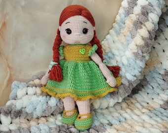 Boneca Amigurumi de Crochê com Roupas Removíveis, Boneca de Cabelo Vermelho de 30 cm