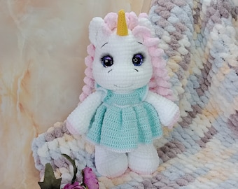 Crochet Plush Unicorn with Removable Dress, Handmade Amigurumi