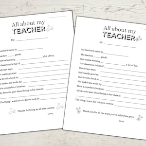 All About My Teacher Printable, Teacher Appreciation Gift, Gifts for ...