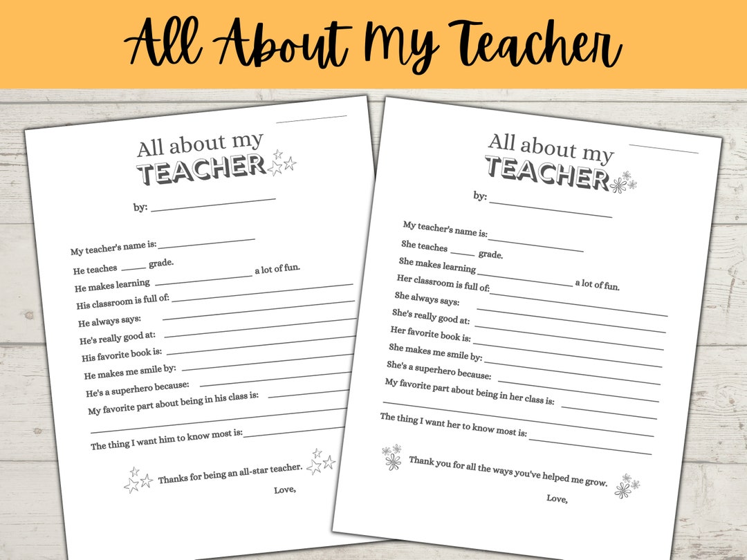 All About My Teacher Printable, Teacher Appreciation Gift, Gifts for ...