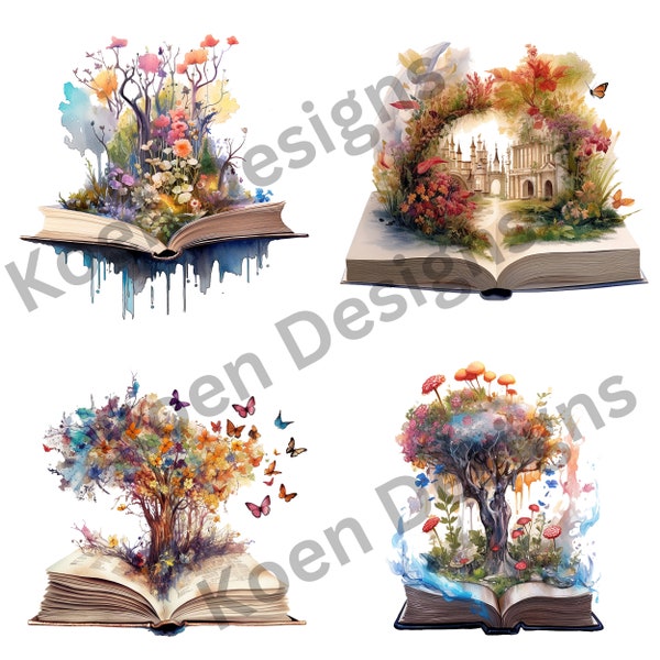 8X PNG, Watercolor Fantasy Books Clipart PNG, Vintage Book Art, Old Library Book Bundle, Magic Open Book Clipart, stack library, sublimation