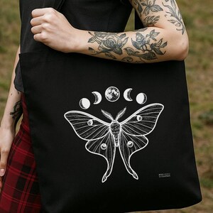 Lunar Moth Celestial Black Eco Tote Bag | Mystical Aesthetic | Goth Witchy Etherial Vibes