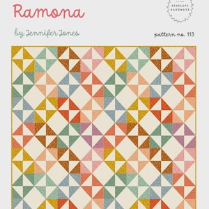 May include: A colorful quilt pattern with geometric shapes in shades of pink, orange, blue, green, and yellow. The quilt is labeled "Ramona" by Jennifer Jones, pattern no. 113, and is designed for a baby, throw, or bed.