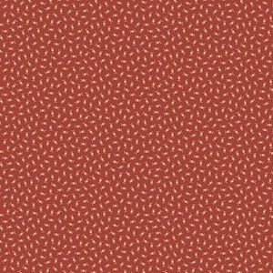 May include: A red background with a repeating pattern of small, light brown, stylized flowers.