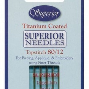 Superior Machine Needles - Topstitch #80/12 For Piecing, Applique, & Embroidery Using Finer Threads - 5 Needles Per Pack - Titanium
