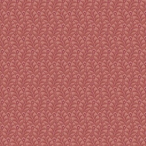 May include: A seamless pattern of stylized leaves in a deep red color. The leaves are arranged in a repeating pattern, creating a textured and intricate design.
