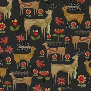 May include: A black background with a repeating pattern of stylized reindeer with red and green accents. The reindeer are wearing scarves and have antlers. There are also red cardinals and flowers in the pattern.