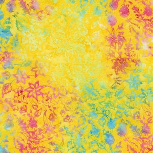 May include: A yellow background with a watercolor pattern of blue and pink flowers. The flowers are arranged in a random pattern and have a faded, vintage look.