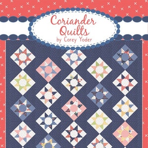 May include: A quilt pattern called "Summer Weekend" from the Coriander Quilts collection by Corey Yoder. The quilt is made up of 25 squares, each with a different star-shaped design in shades of pink, blue, green, and yellow. The background is a dark blue fabric with white polka dots.