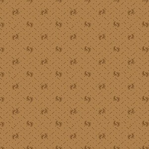 May include: A repeating pattern of small, dark brown dots and swirling designs on a tan background. The pattern is evenly spaced, creating a textured appearance. The design is reminiscent of vintage fabric.