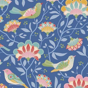 Tilda Jubilee Collection - Bird Tree Blue TIL100554  Beautiful Blue Background w/ Birds and Flowers - Sold in 1/2 Yards Increments