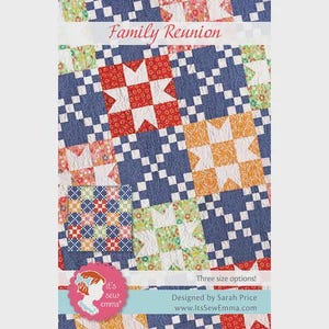 May include: A quilt pattern titled "Family Reunion" with a patchwork design. The quilt features red, orange, and white star patterns set against a blue background. The pattern includes three size options and is designed by Sarah Price.