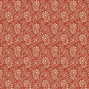 May include: A repeating pattern featuring cream-colored paisley and floral motifs on a textured, reddish-orange background. The design includes detailed, stylized floral elements and a dense, all-over arrangement.