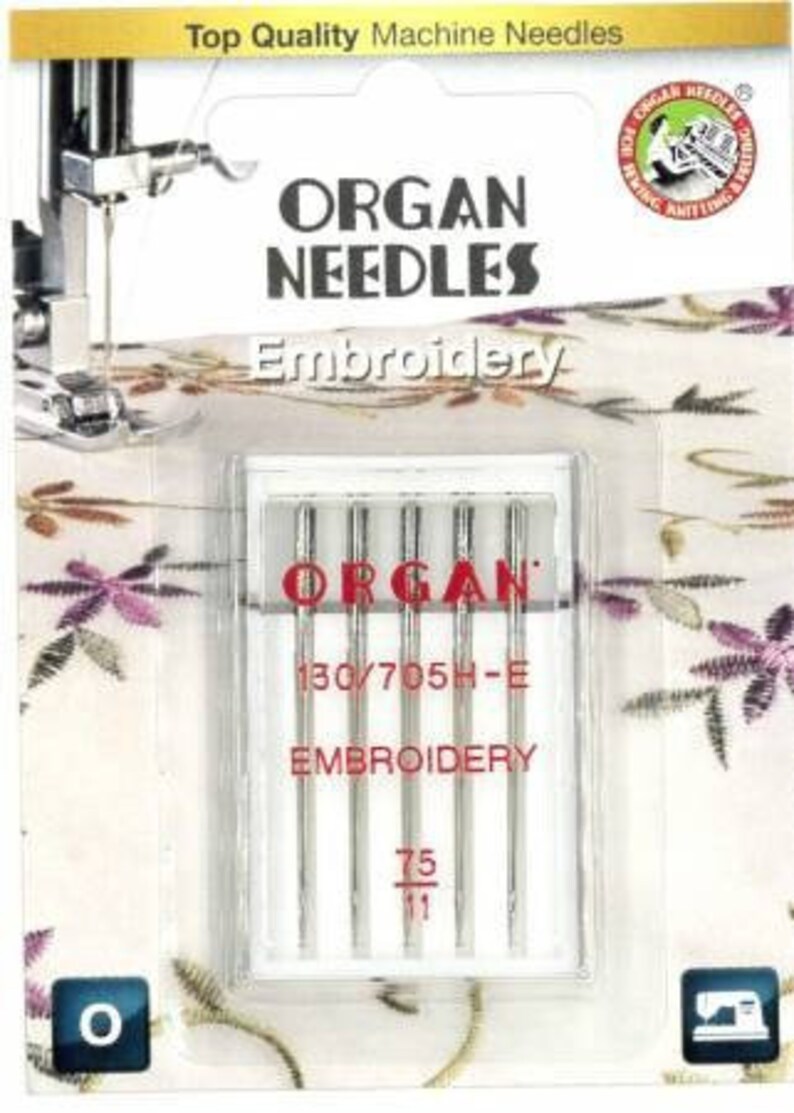 Pode incluir: Um pacote de 5 agulhas de bordado Organ, tamanho 130/705H-E, em uma caixa de pl&aacute;stico transparente. O pacote &eacute; etiquetado com "Organ Needles Embroidery" e "75/11".