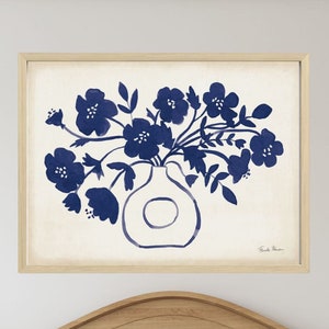 Abstract Blue Flowers in Vase Painting Art Print, Navy Blue Floral Wall Artwork, Unframed Kitchen Wall Hanging, Living Room Flowers