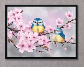 Blue Birds on a Cherry Blossom Branch Painting Print, Spring Flower Colorful Wall Art Decor