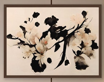 Cherry Blossom Branch Beige and Black Art Print, Modern Spring Flower Artwork Print