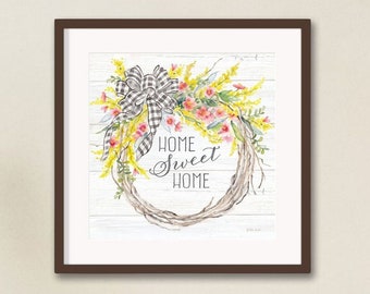 Home Sweet Home Spring Wreath Art Print: Rustic Farmhouse Decor