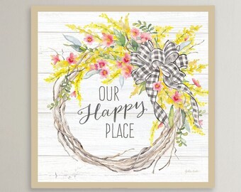 Our Happy Place Spring Flower Wreath Wall Art Print, Rustic Farmhouse Kitchen Sign Wall Art