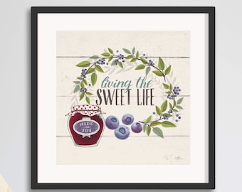 Blueberry Jam Jar Art Print: Rustic Farmhouse Kitchen Wall Decor