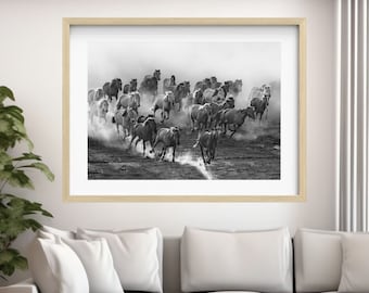 Wild Horses Photography Print: Galloping Western Black and White Wall Art