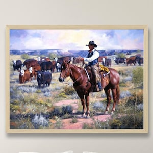Cattle Rancher on Duty Western Painting Print, Cowboy on Horseback Old West Art Print, Country Landscape Wall Art Ranch Style Decor