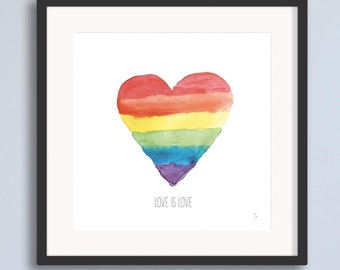 Rainbow Heart Love is Love Wall Art Colorful Decoration Print or Wood Framed