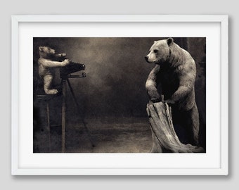 Bear Photographing Bear Black and White Quirky Wild Animal Photography Print