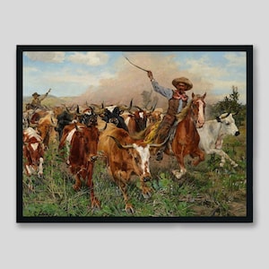 Ranch Herders on the Western Landscape Artwork by Richard Lorenz Painting Print, Cattle Wrangler Old West Wall Art Print Rustic Home Decor