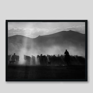 Cowboy Herding Wild Horses on Ranch Landscape Black and White Photography Print, Country Western Style Home Decor Wall Art