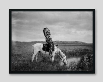 Sioux Native American On Horse Photography Print: Rustic Cabin Wall Art