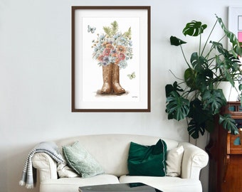 Dark Brown Cowgirl Boots with Floral Bouquet Painting Print, Western Boho Wall Art Print