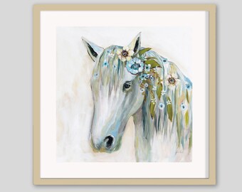 Floral Horse Art Print: Blue Beige Horse Head - Western Nursery Decor